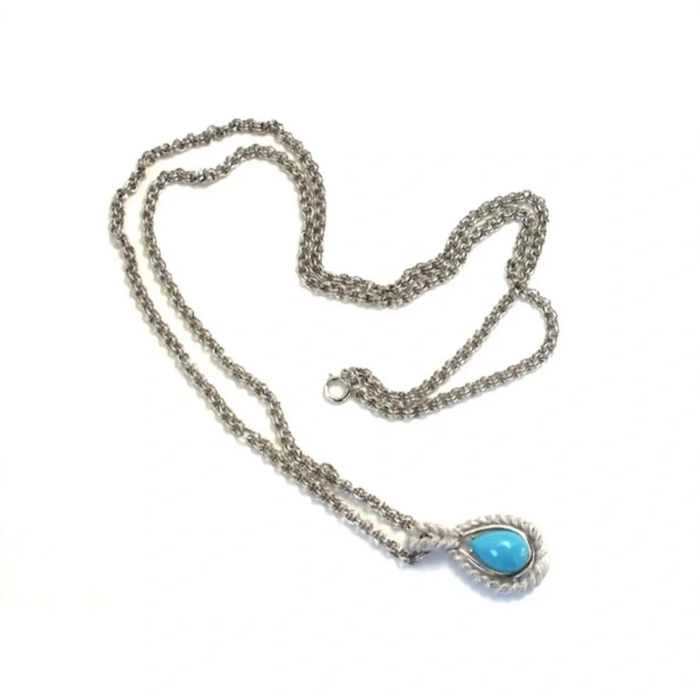 Avon Silver Tone Necklace with Faux Turquoise Teardrop Pendant